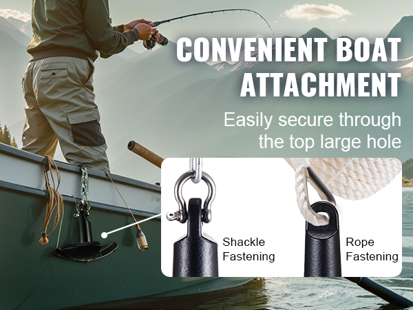 convenient boat attachment with VEVOR river anchor, showcasing shackle and rope fastening options.