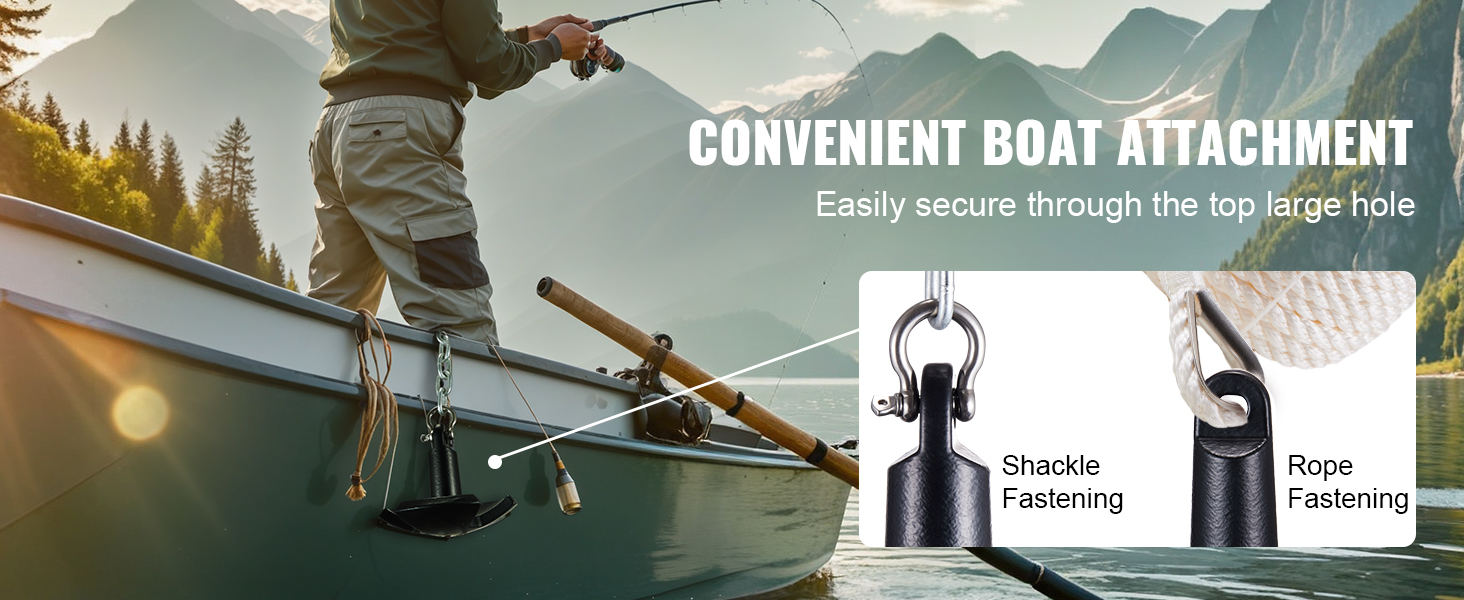 convenient boat attachment with VEVOR river anchor, showcasing shackle and rope fastening options.