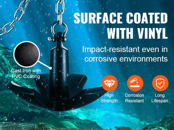 VEVOR river anchor with cast iron, pvc coating, high strength, corrosion-resistant, long lifespan.