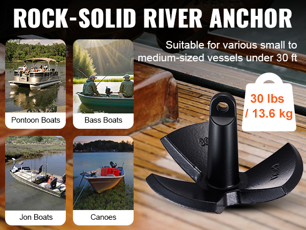 VEVOR river anchor for vessels under 30 ft, ideal for pontoon boats, bass boats, jon boats, and canoes.