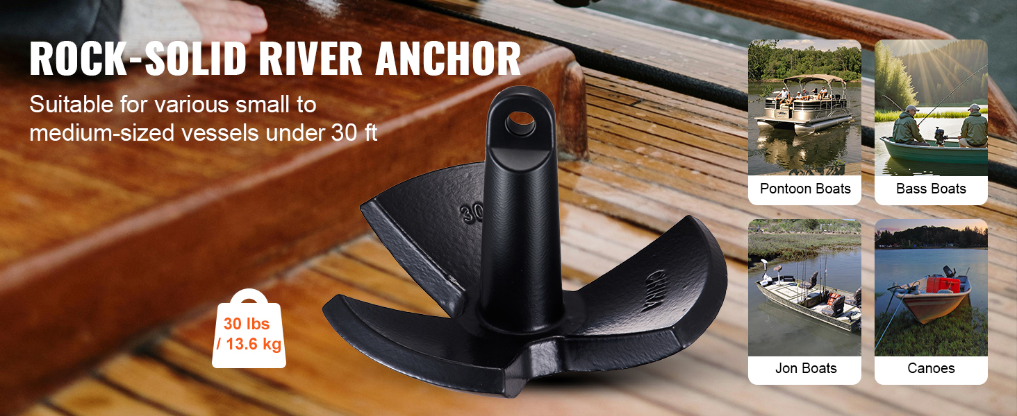 VEVOR river anchor for vessels under 30 ft, ideal for pontoon boats, bass boats, jon boats, and canoes.