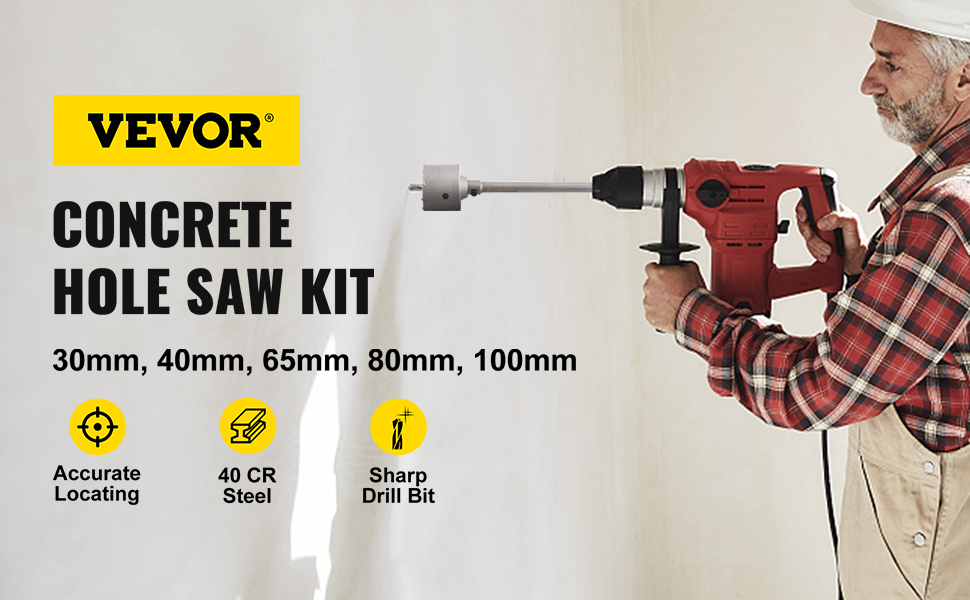 VEVOR concrete hole saw kit in use for drilling with sizes 30mm to 100mm.