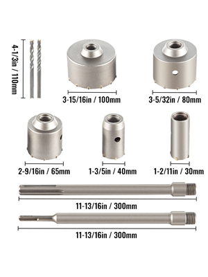 VEVOR concrete hole saw kit, various sizes, including drills and two extension rods.