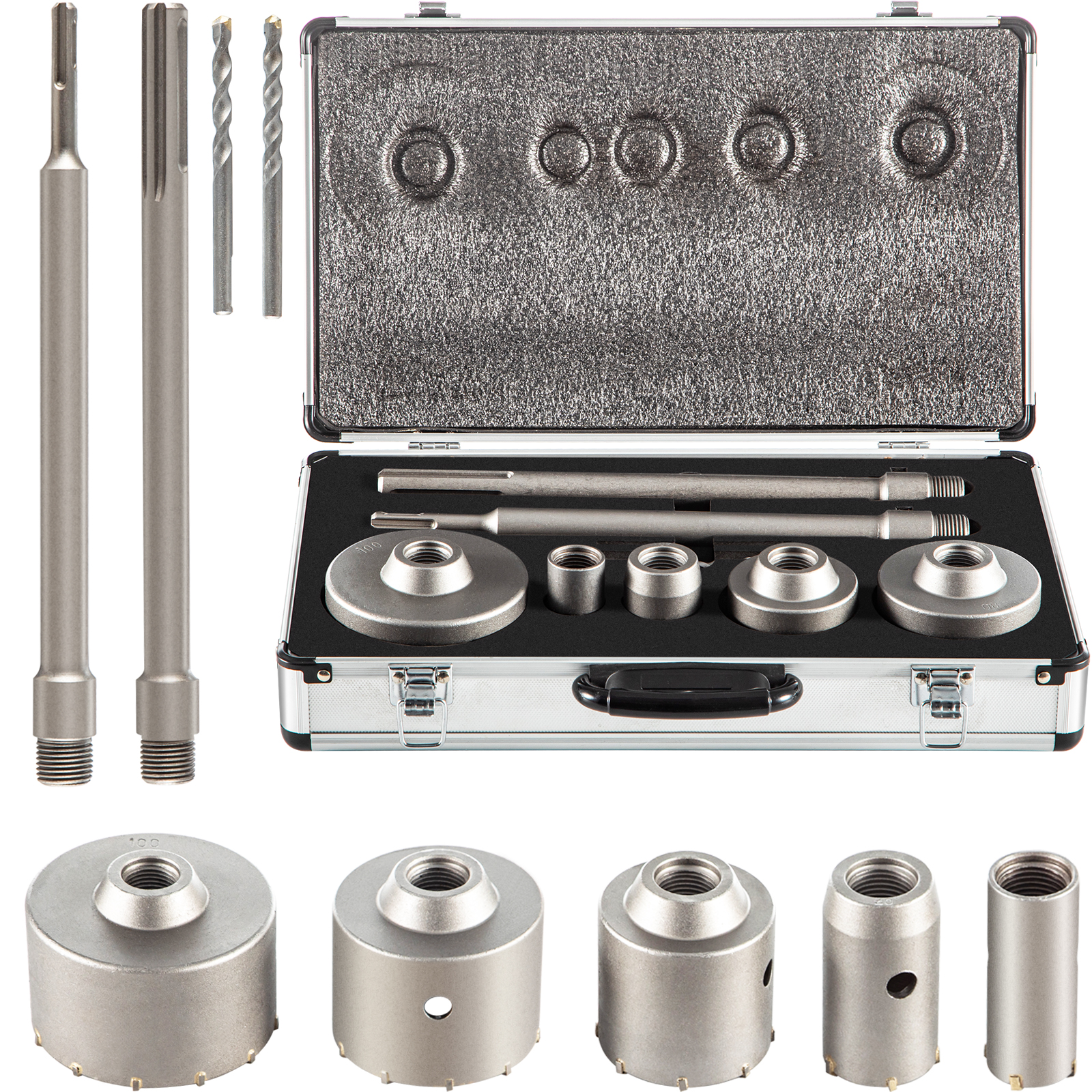 VEVOR concrete hole saw kit with case and various drill bits.