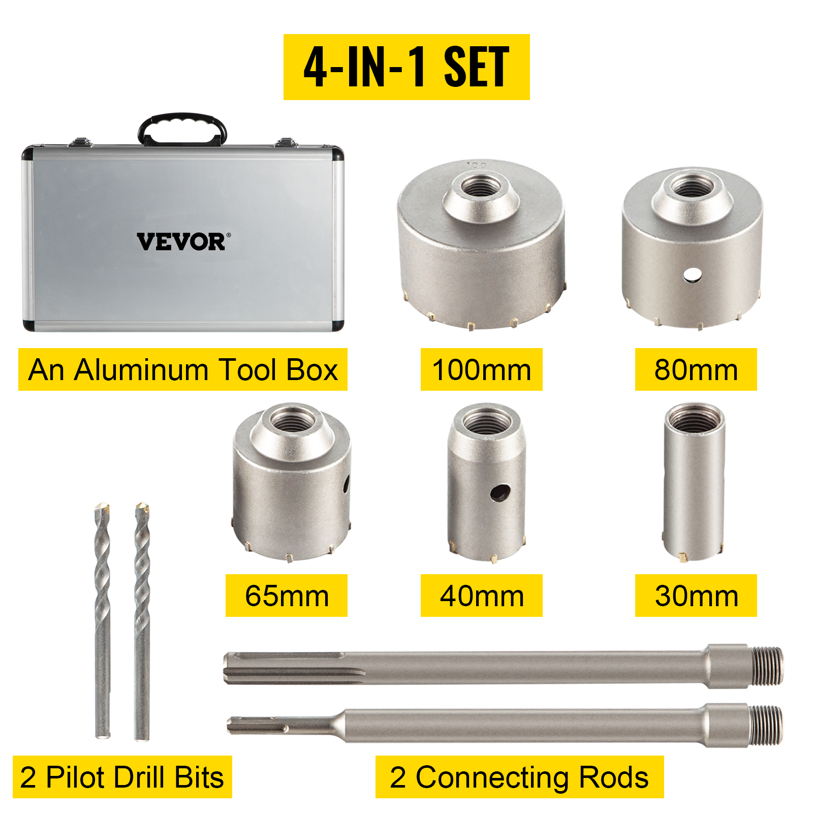 VEVOR concrete hole saw kit with 7 drill sizes, aluminum case, 2 rods, 2 pilot bits.