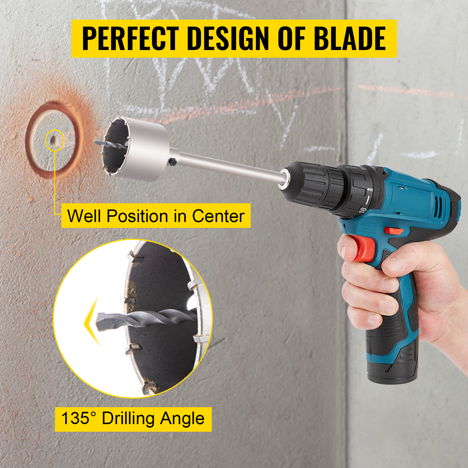 VEVOR concrete hole saw kit in action, showing well-positioned blade and 135° drilling angle.