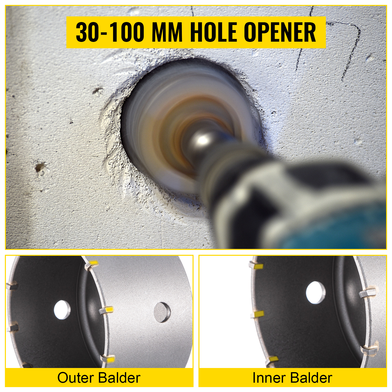 VEVOR concrete hole saw kit in action, drilling a hole in concrete with a 30-100 mm opener.