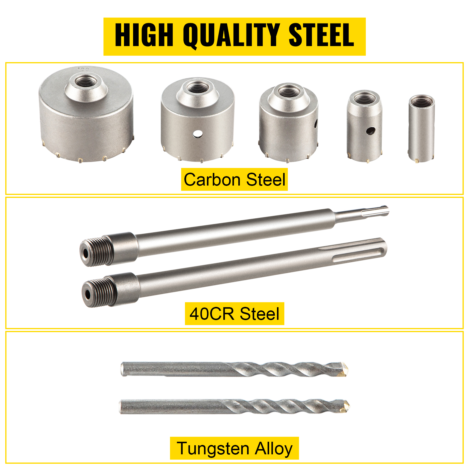 VEVOR concrete hole saw kit with carbon steel, 40cr steel, and tungsten alloy parts.