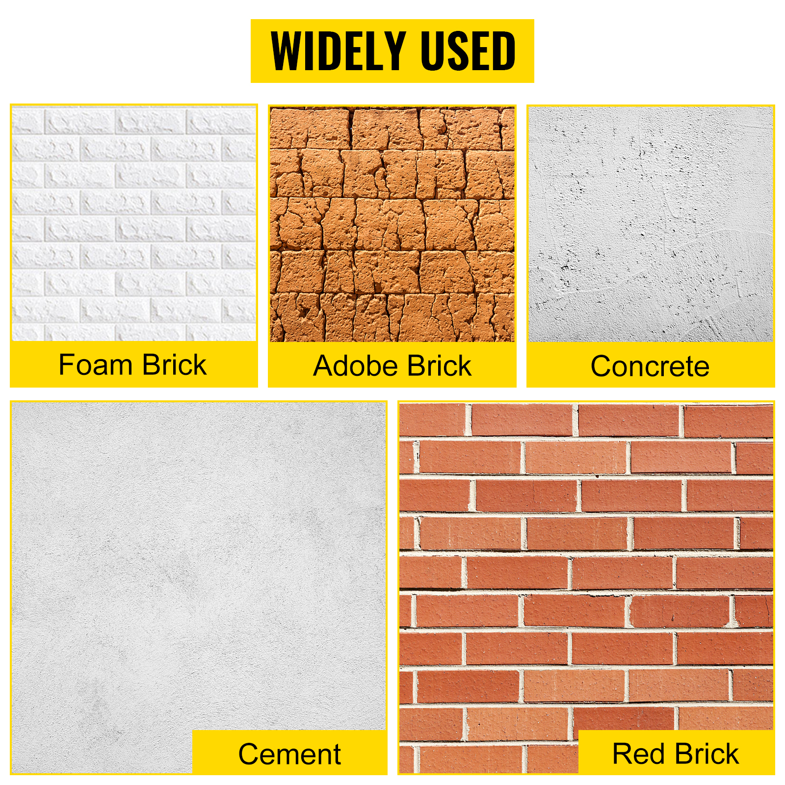 VEVOR concrete hole saw kit works on foam brick, adobe brick, concrete, cement, red brick.