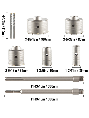 VEVOR concrete hole saw kit with various sizes and extensions displayed.