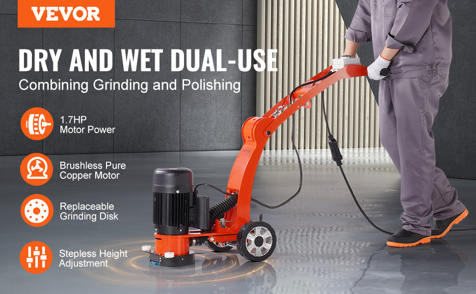 VEVOR electric concrete floor grinder for dry and wet use, featuring 1.7hp motor and replaceable disk.