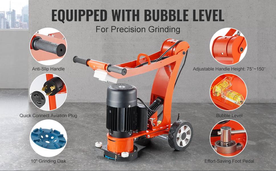 VEVOR electric concrete floor grinder with anti-slip handle, adjustable height, bubble level, and 10" disk.