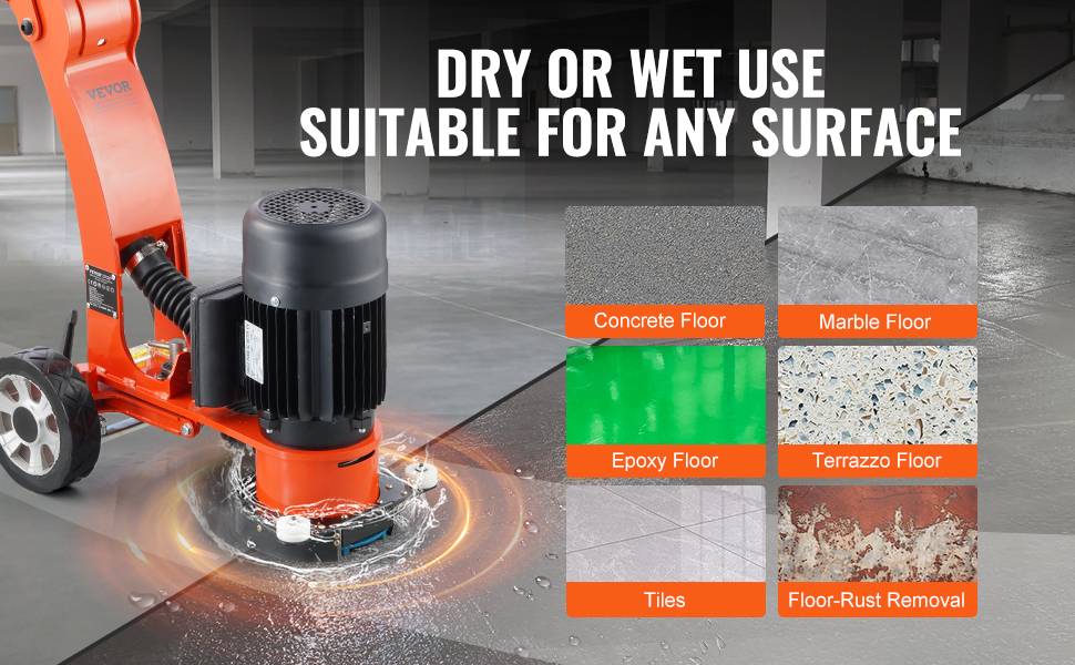 VEVOR electric concrete floor grinder for dry or wet use on concrete, marble, epoxy, terrazzo floors.