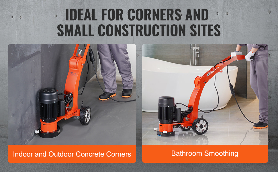 VEVOR electric concrete floor grinder for indoor and outdoor corners, and bathroom smoothing tasks.