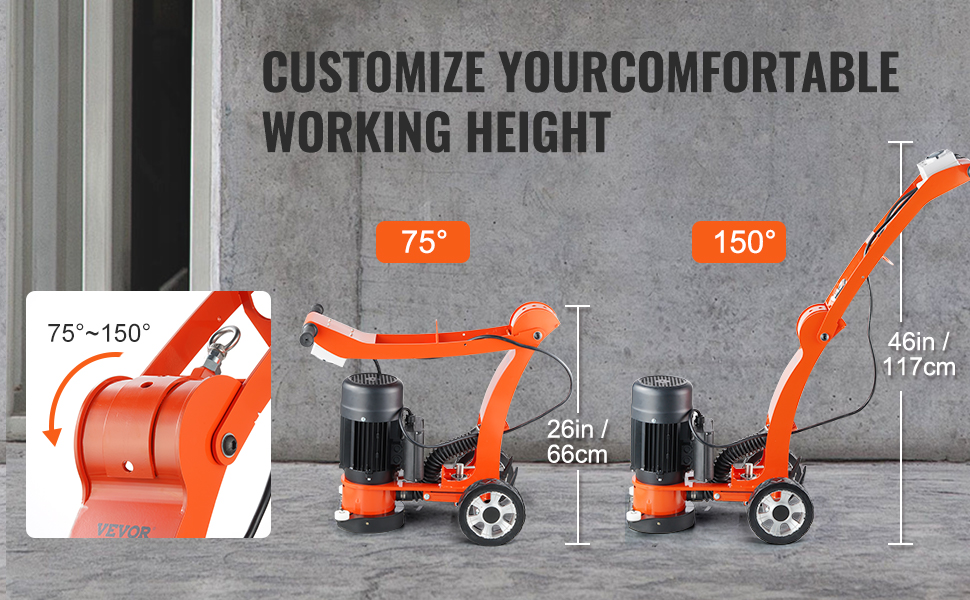 VEVOR electric concrete floor grinder with adjustable handle displaying 75° to 150° angle range.