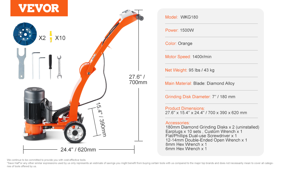 orange VEVOR electric concrete floor grinder, model wkg180, 1500w, with accessories and dimensions.