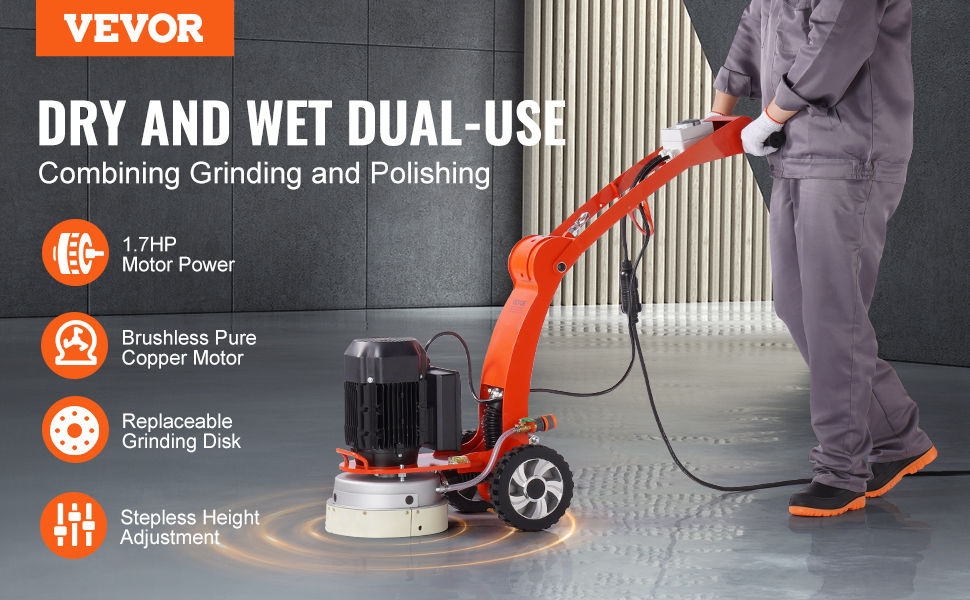 worker operating a VEVOR electric concrete floor grinder for dry and wet dual-use grinding and polishing.