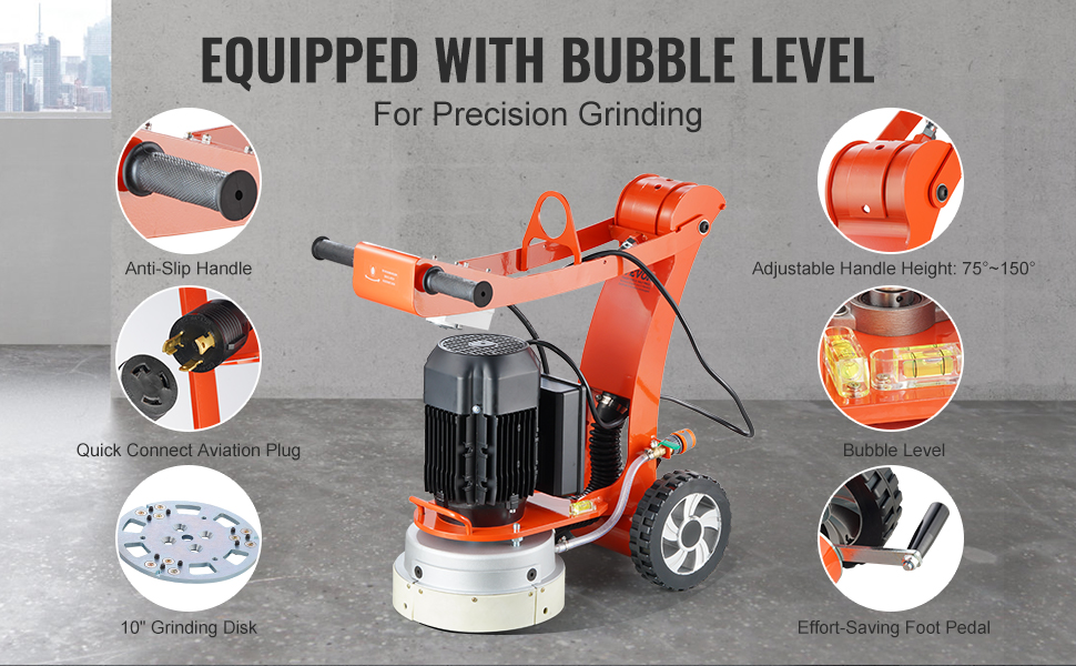 VEVOR electric concrete floor grinder with bubble level, adjustable handle, and 10" grinding disk.
