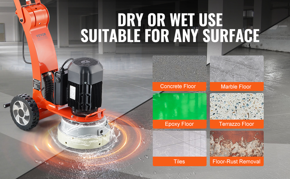 VEVOR electric concrete floor grinder for dry and wet use, suitable for concrete, marble, and epoxy floors.