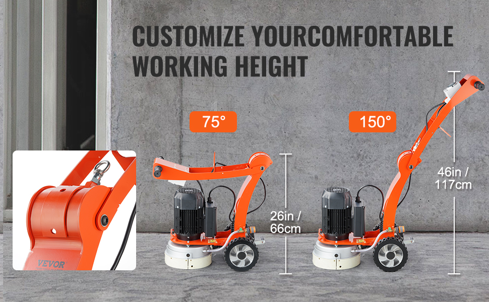 VEVOR electric concrete floor grinder with adjustable handle for customized working height and angle.