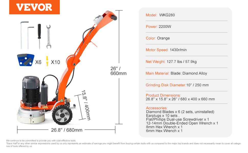 VEVOR electric concrete floor grinder, 2200w, orange, diamond alloy blades, dimensions 26.8"x15.8"x26".