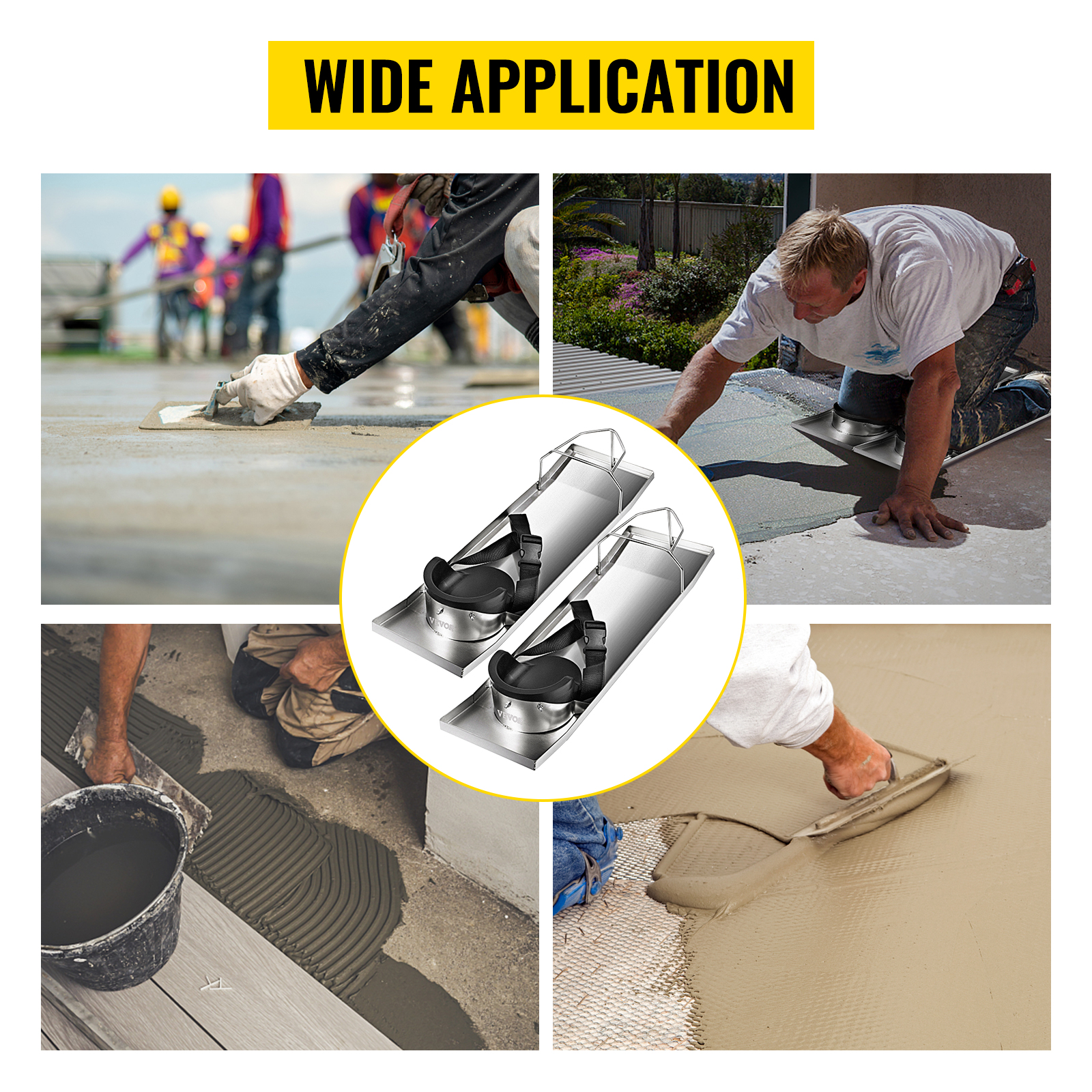 VEVOR concrete knee boards shown in various construction and tiling applications.
