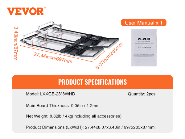VEVOR concrete knee boards with dimensions 27.44x8.07x3.43 inches, 8.82lb, includes user manual.