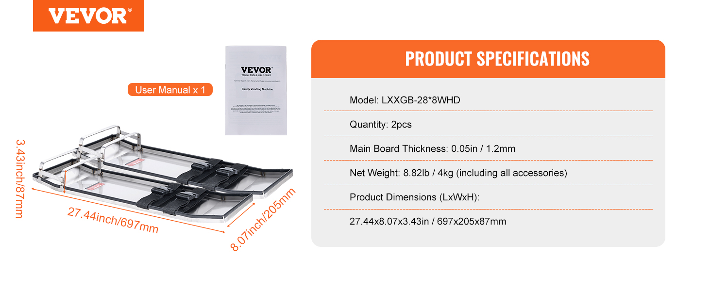 VEVOR concrete knee boards with dimensions 27.44x8.07x3.43 inches, 8.82lb, includes user manual.