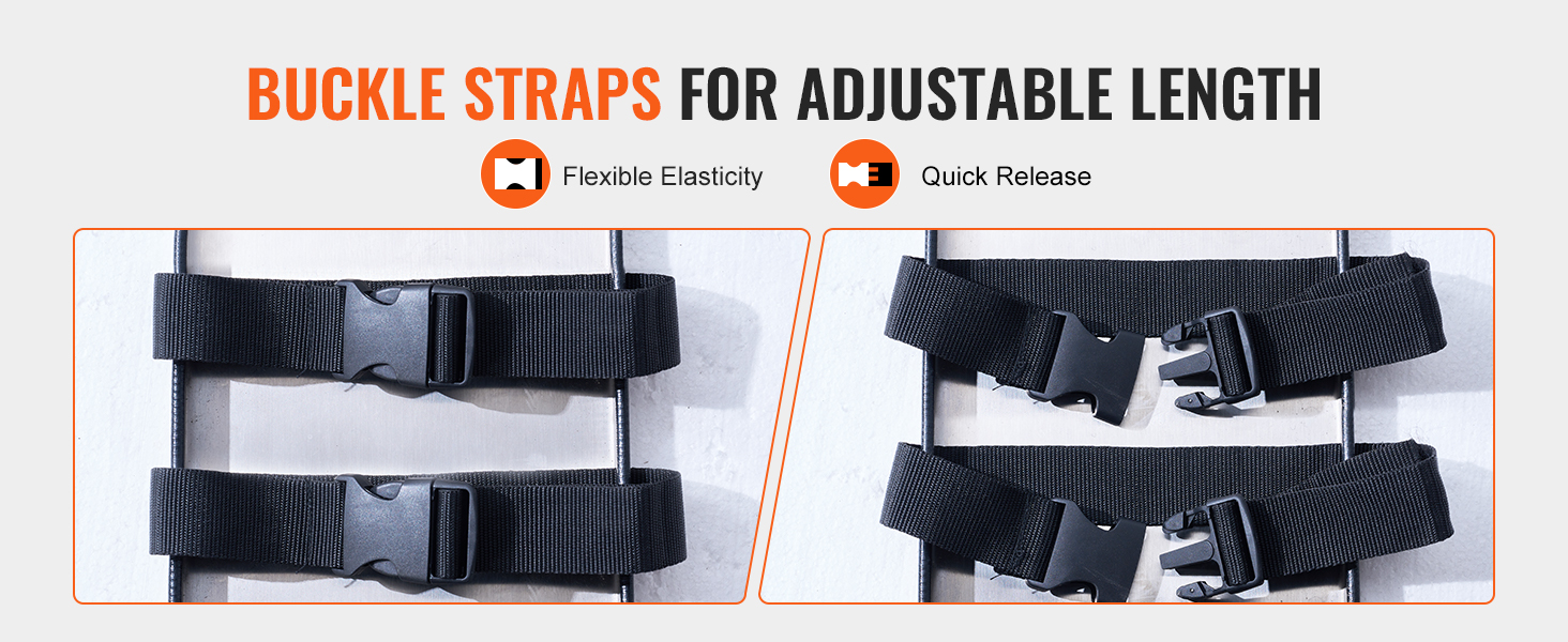 buckle straps on VEVOR concrete knee boards with adjustable length, flexible elasticity, and quick release.