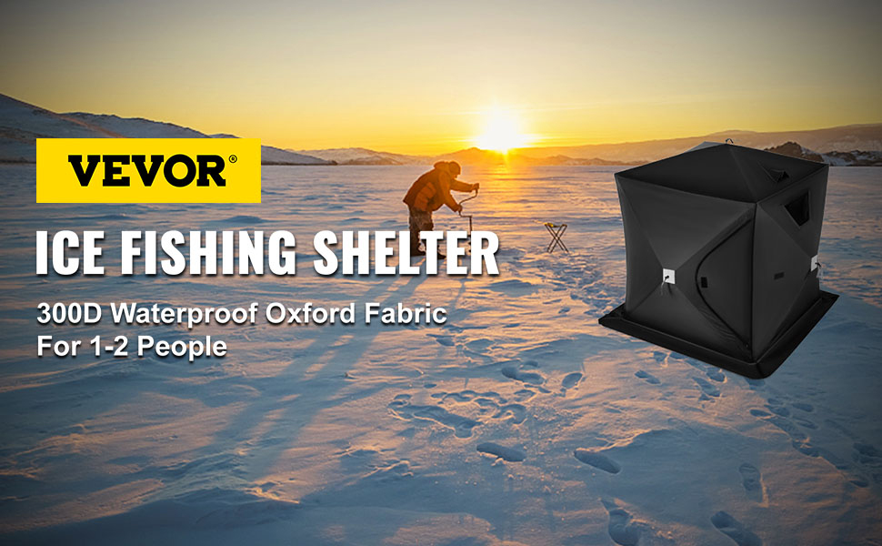 VEVOR ice fishing shelter on snowy landscape at sunset, for 1-2 people.