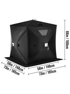 black VEVOR ice fishing shelter with dimensions labeled: 66in/168cm height, 73in/185cm width.