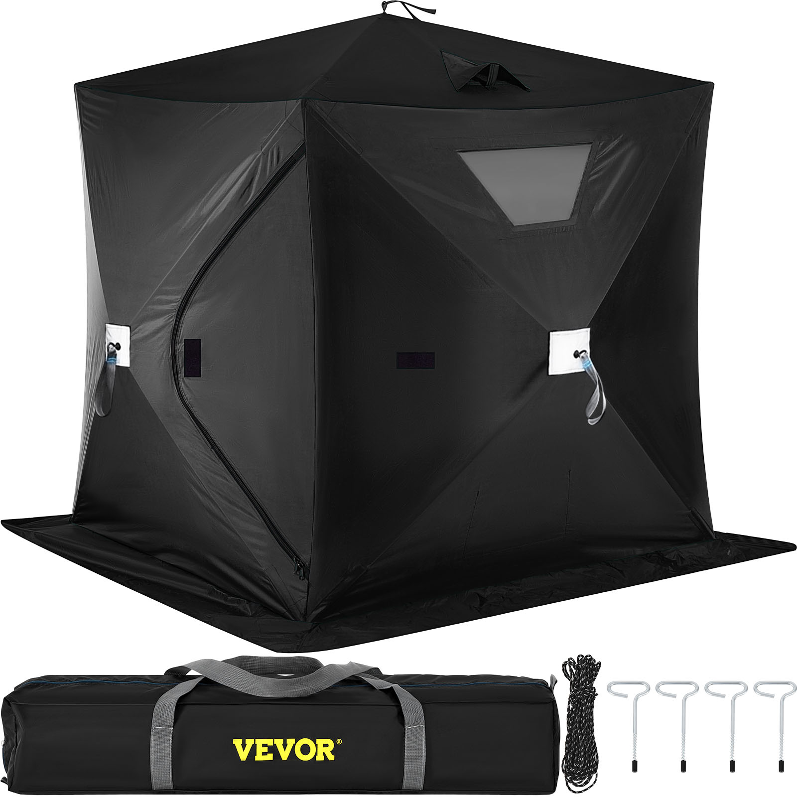 VEVOR ice fishing shelter with carrying bag, stakes, and ropes. black tent setup.
