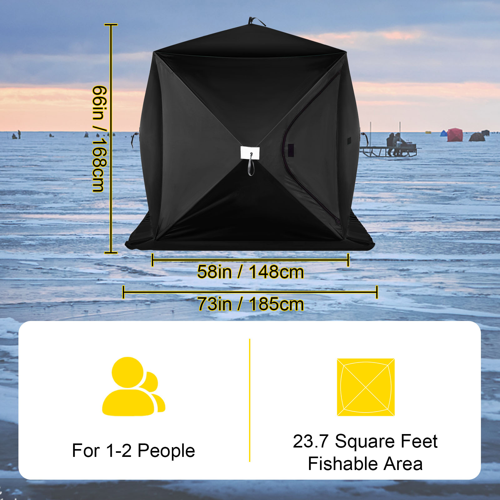 VEVOR ice fishing shelter over frozen lake with person capacity and dimensional details.