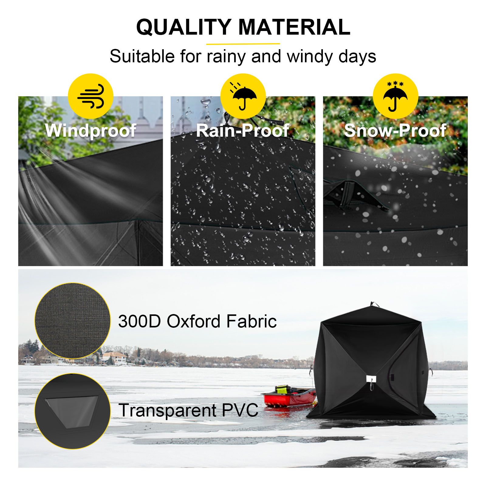 VEVOR ice fishing shelter with 300d oxford fabric, pvc windows, windproof, rainproof, snowproof.