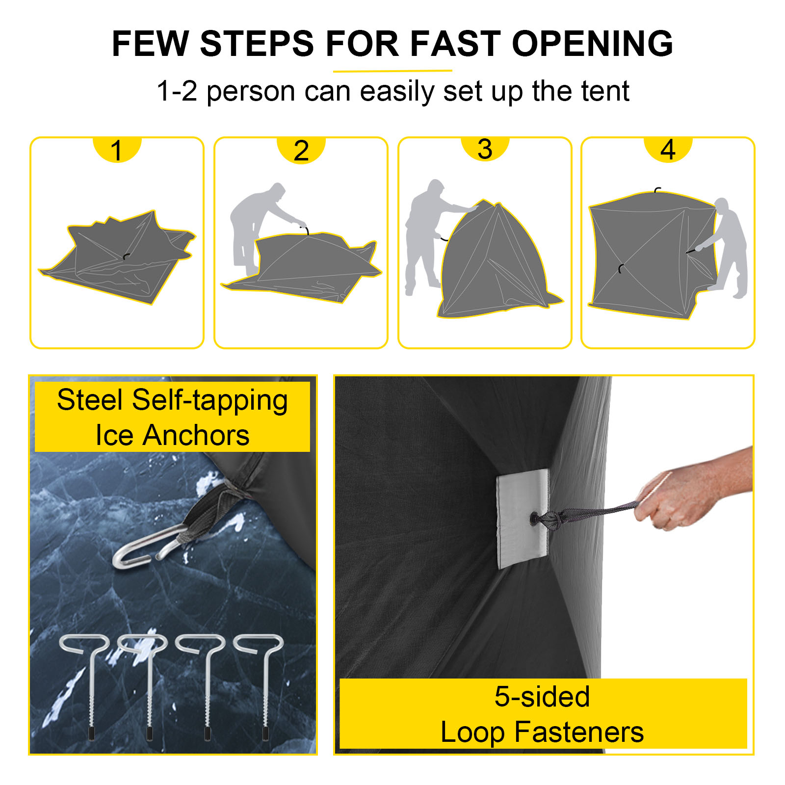 VEVOR ice fishing shelter setup guide with steel ice anchors and loop fasteners.