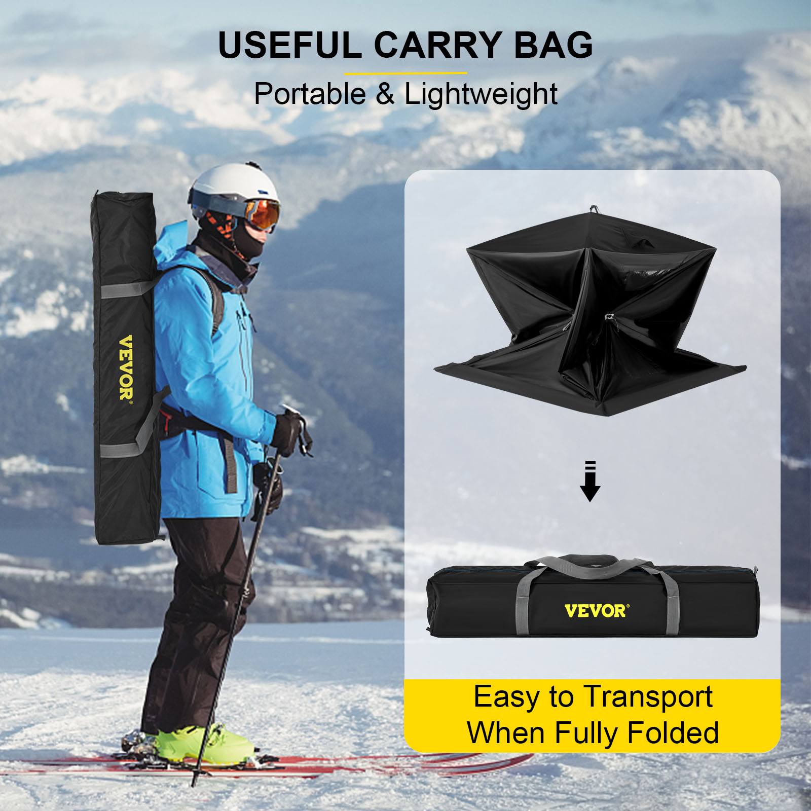 VEVOR ice fishing shelter, portable and lightweight with a useful carry bag for easy transport.