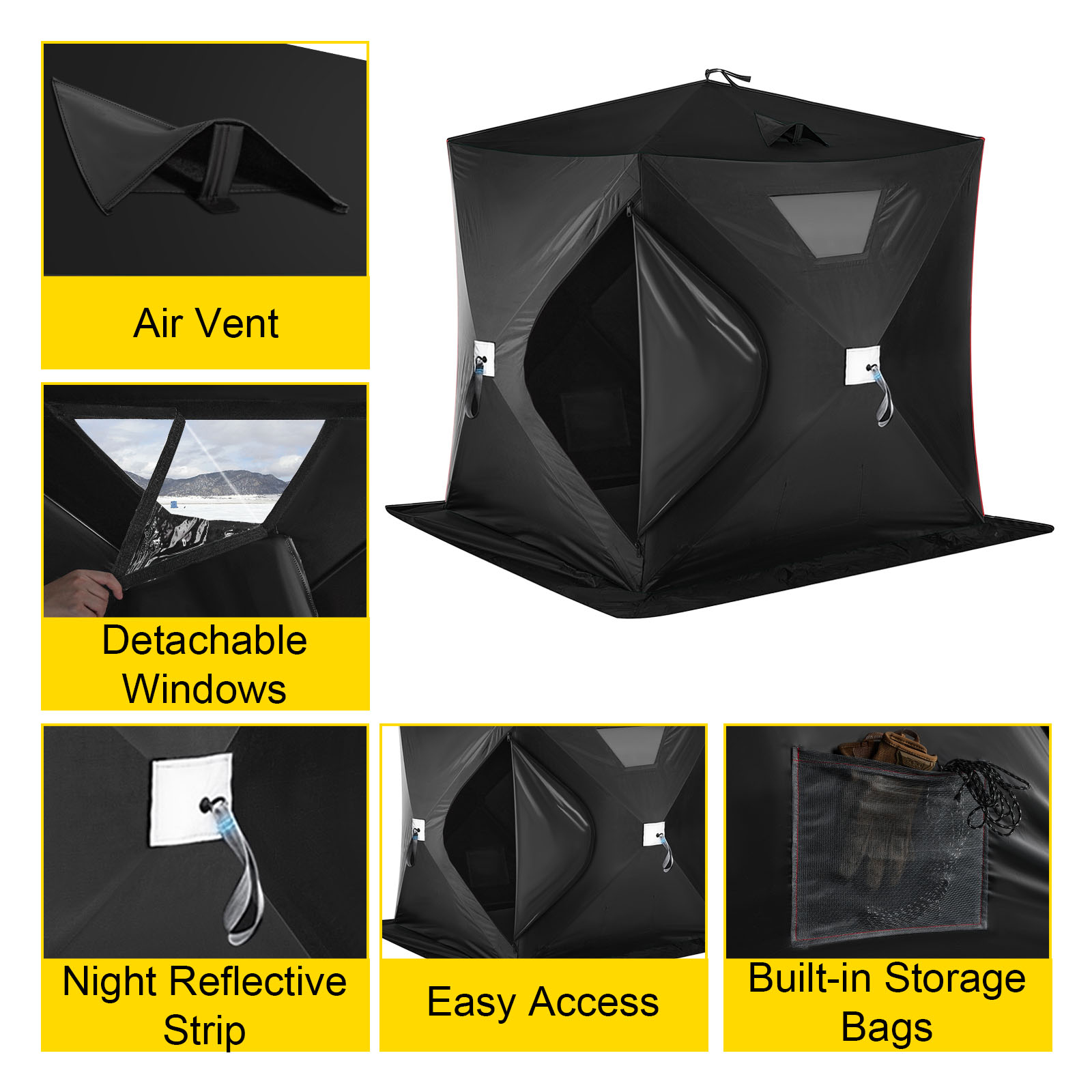 black VEVOR ice fishing shelter with air vent, detachable windows, and storage bags.