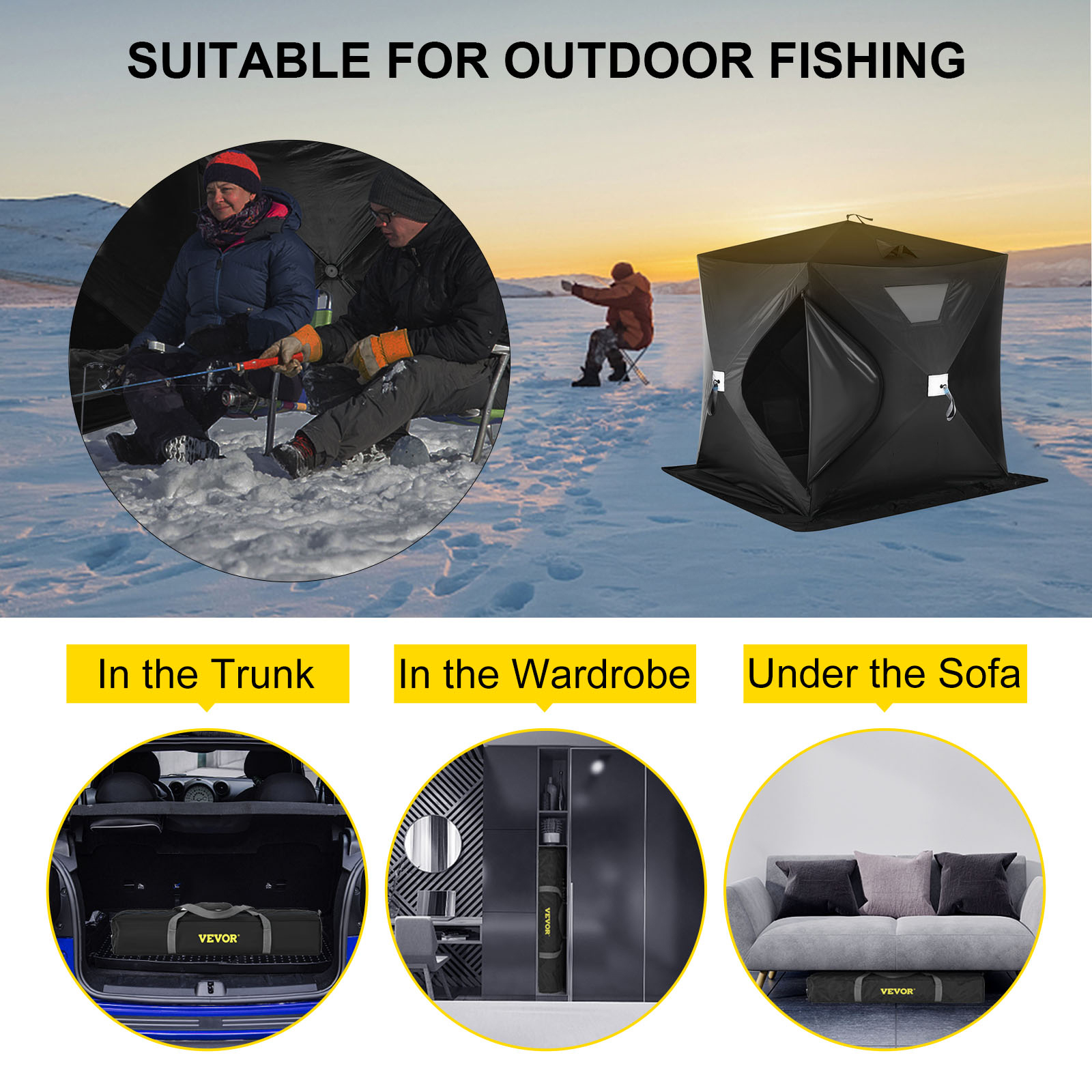 VEVOR ice fishing shelter for outdoor fishing, easily stored in trunk, wardrobe, or under sofa.