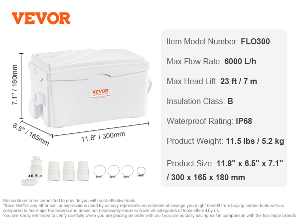 VEVOR macerator pump flo3000 with dimensions, accessories, and specifications infographic.