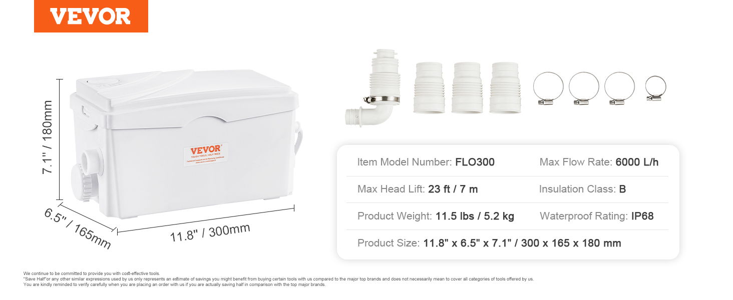 VEVOR macerator pump flo3000 with dimensions, accessories, and specifications infographic.