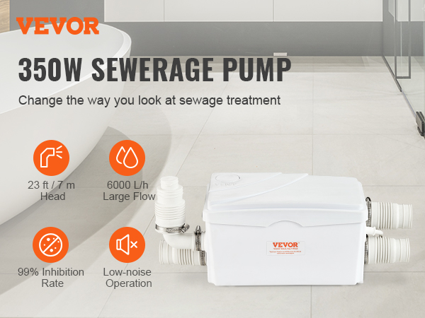VEVOR macerator pump 350w, 23 ft head, 6000 l/h flow, 99% inhibition rate, low-noise operation.