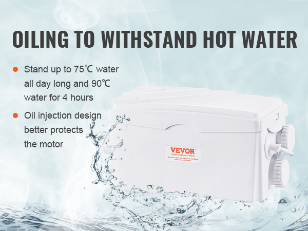VEVOR macerator pump with oil injection design, withstands 75°c water all day, up to 90°c for 4 hours.