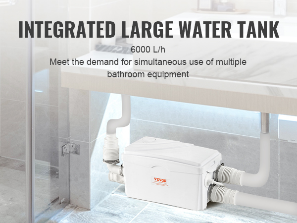 VEVOR macerator pump installed under a modern bathroom sink with integrated water tank for 6000 l/h capacity.