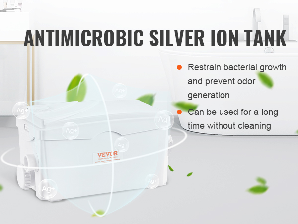VEVOR macerator pump with antimicrobial silver ion tank to prevent bacteria and odors, easy maintenance.