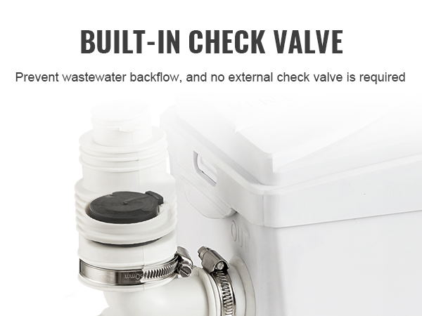 VEVOR macerator pump with built-in check valve to prevent wastewater backflow.