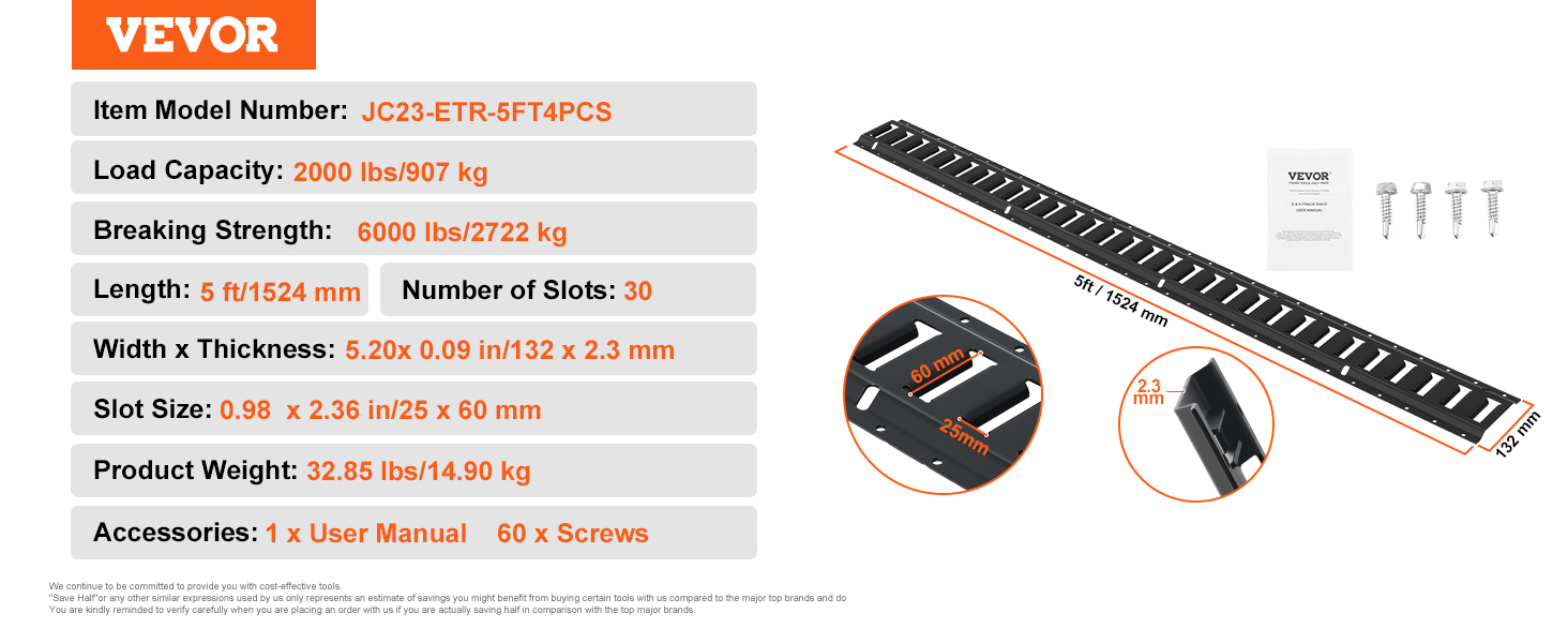 VEVOR e track tie down rail kit details: 5ft length, 2000 lbs load capacity, 30 slots, includes screws.