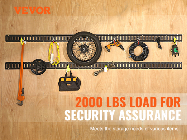 VEVOR e track tie down rail kit securely holding tools and equipment, with a 2000 lbs load capacity.