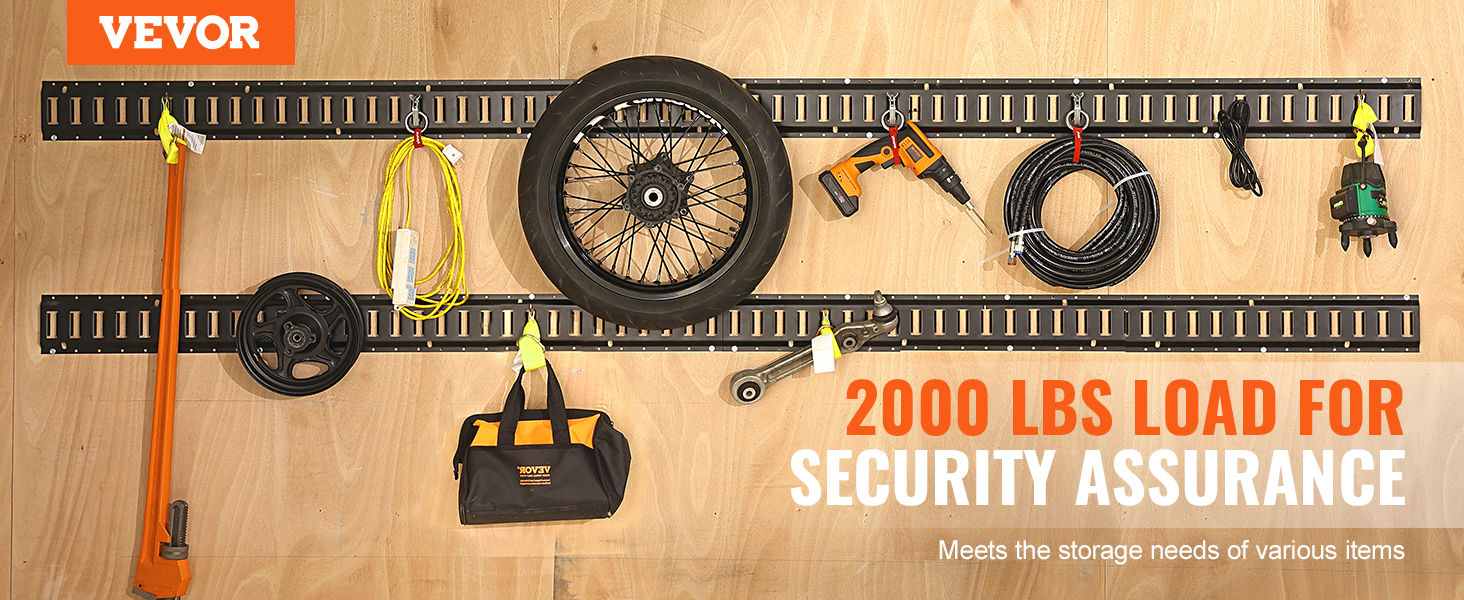 VEVOR e track tie down rail kit securely holding tools and equipment, with a 2000 lbs load capacity.