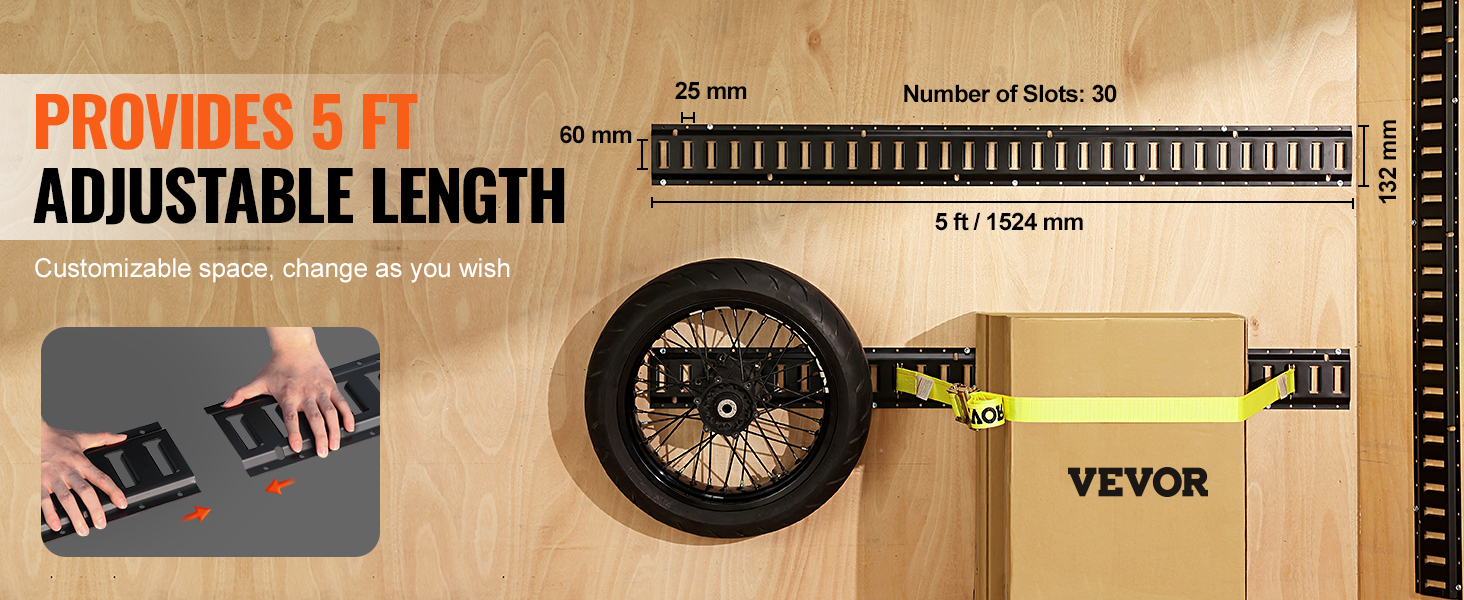 VEVOR e track tie down rail kit with 5 ft adjustable length, customizable for secure strapping.