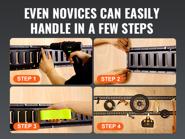 VEVOR e track tie down rail kit installation steps: drilling, securing, attaching, organizing tools.